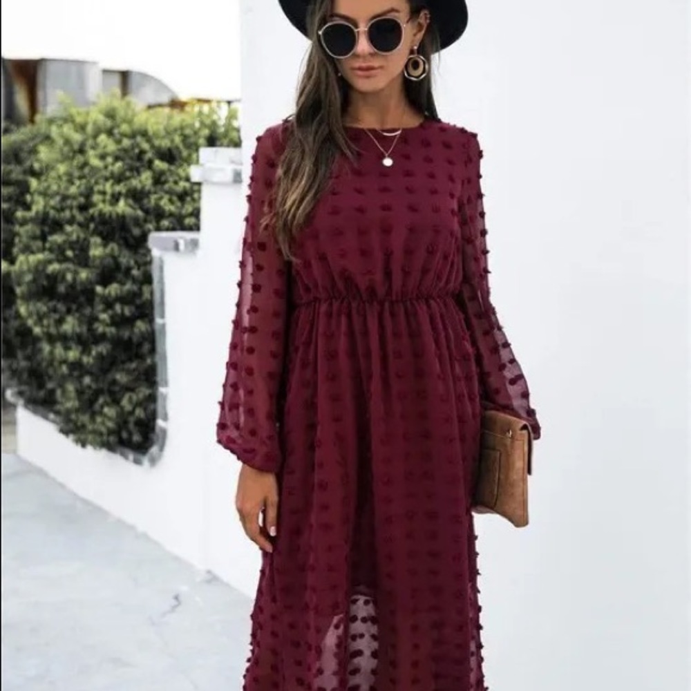 Swiss Dot Midi Dress- BURGUNDY